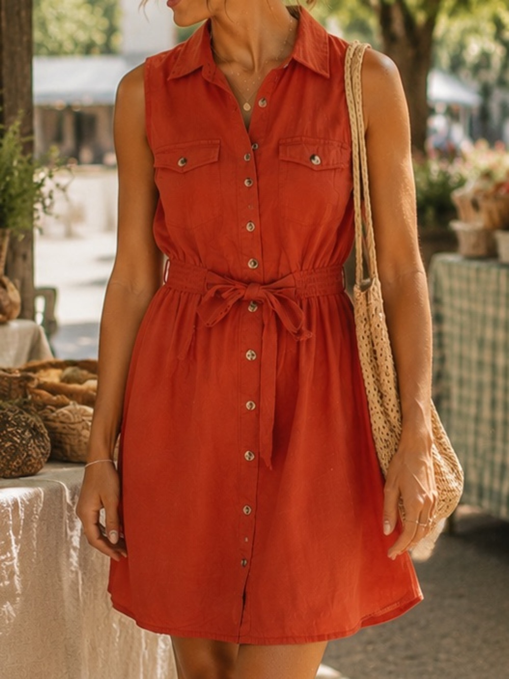 Sleeveless Button-Front Midi Dress in Orange